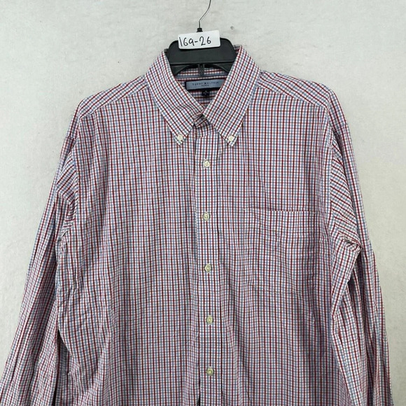 Tommy Hilfiger Button-Down Shirt Men's Sz L Red Blue Plaid Collared Chest Pocket - Picture 6 of 11